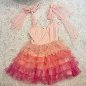 Aura Pink Ombre Ruffle Tulle Dress with Tie Straps